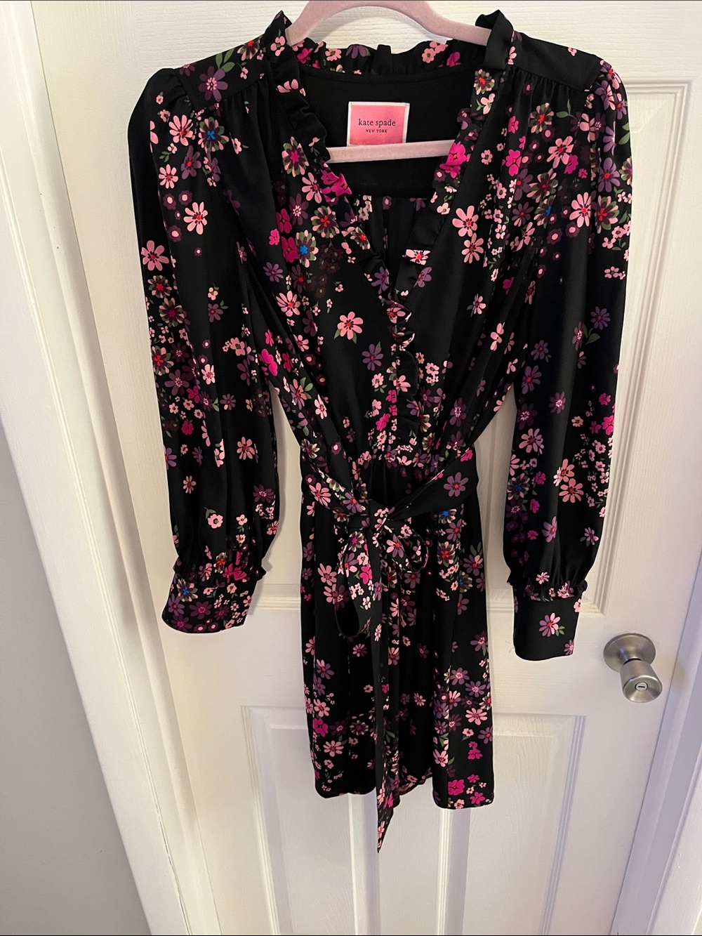 kate spade Black Pink Floral Ruffle Wrap Dress